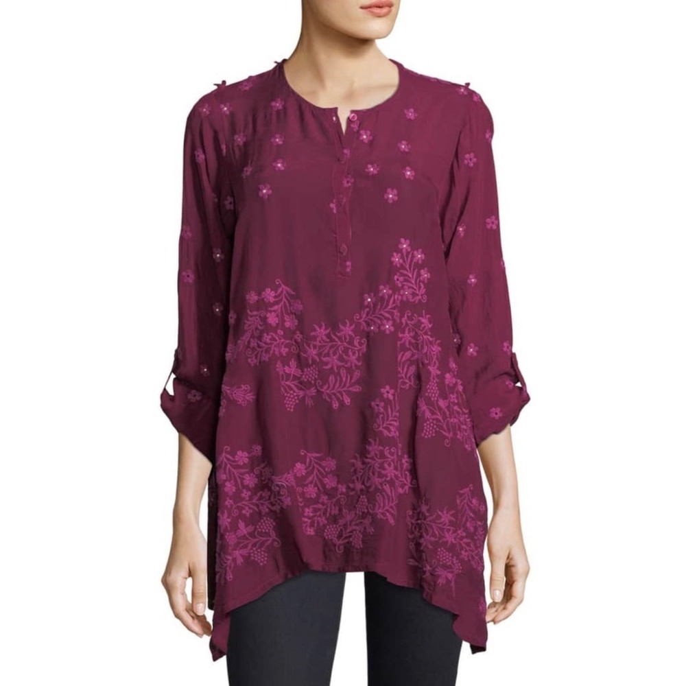 Johnny Was Blossom Rayon Georgette Blouse Women XS‎ Burgandy Floral Embroidery